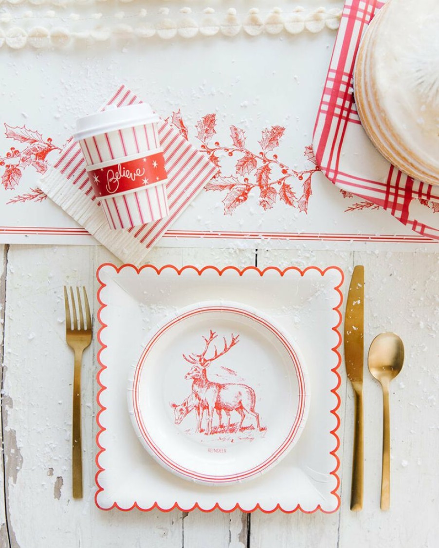 Christmas * | My Mind'S Eye Party Believe Collection Cream/Red Scalloped Plates 7