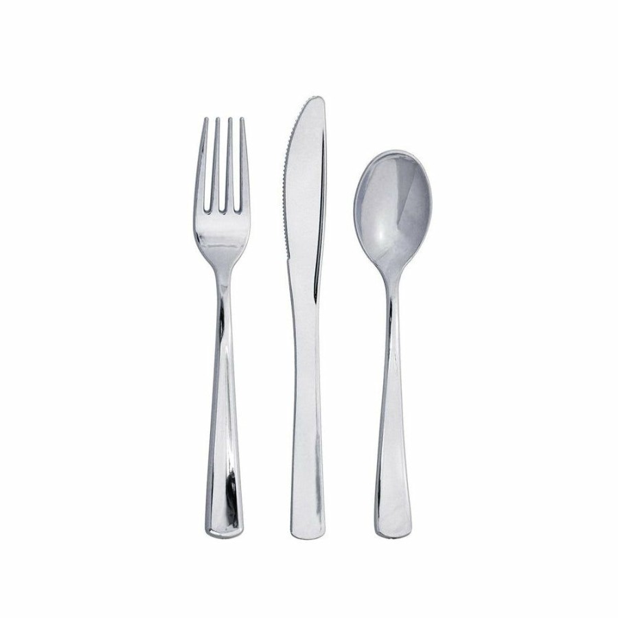 Christmas * | Metallic Silver Plastic Cutlery Set 24Ct