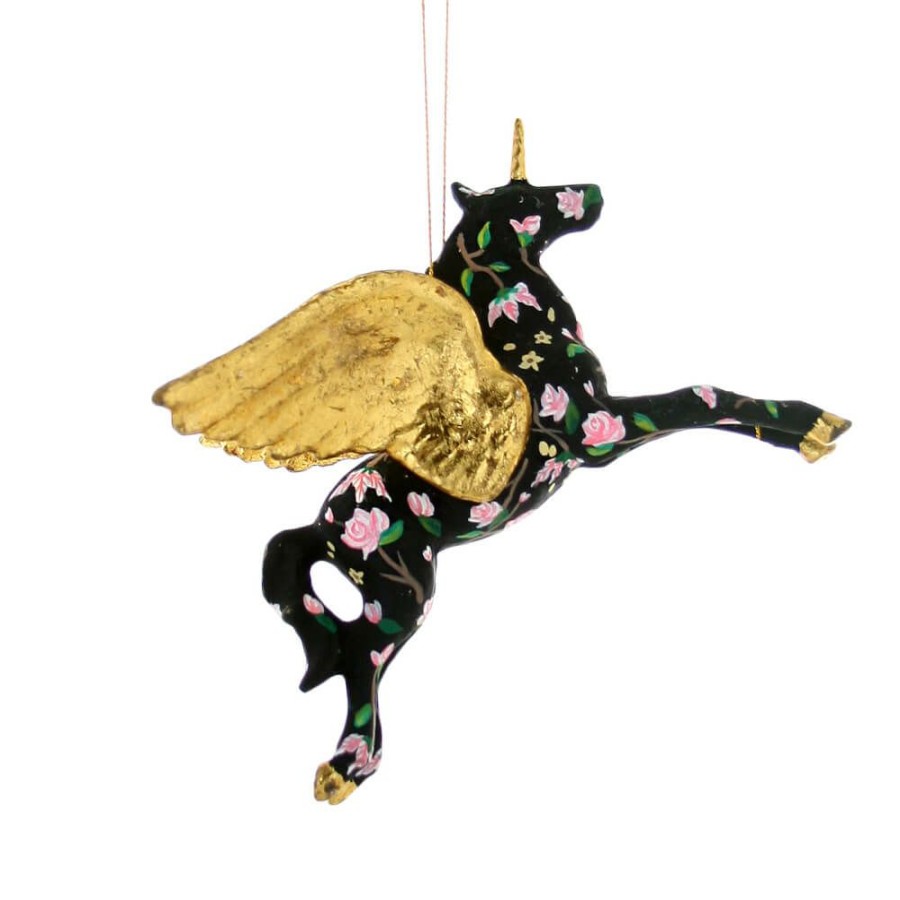 Christmas * | Cody Foster & Co. Black Floral Pegasus W/ Gilded Wings Ornament 6