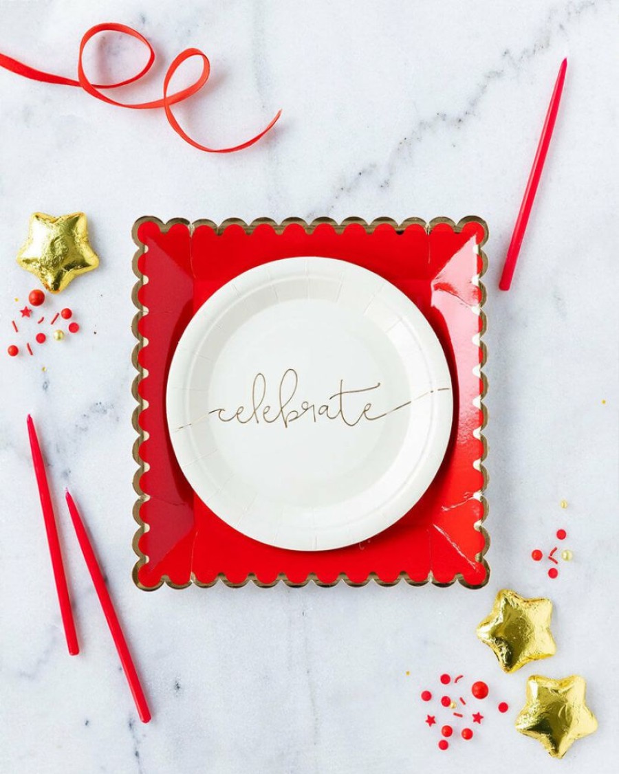 Christmas * | My Mind'S Eye Party Red/Gold Scalloped Plates 9